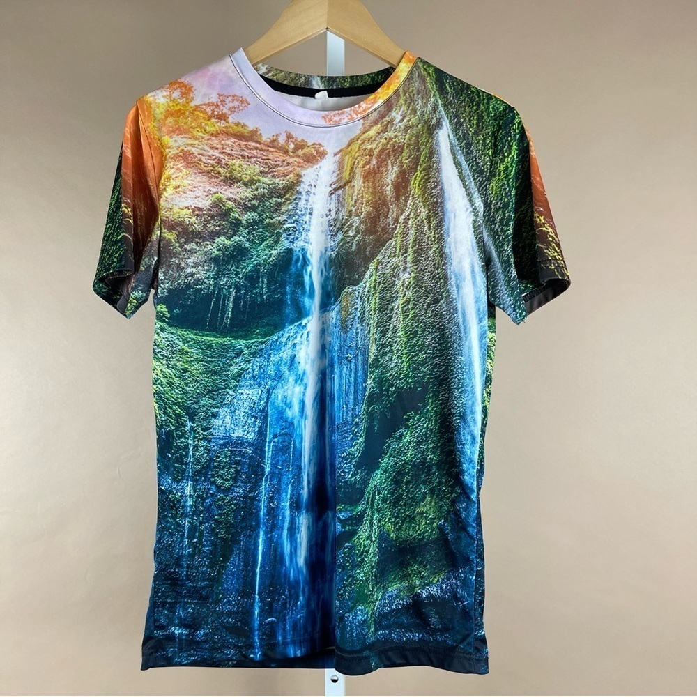 Unique Creation Men's Small Waterfall Graphic Allover Print T Shirt Nature Hike